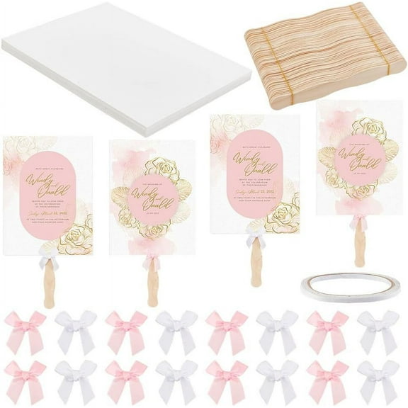 DIY 151Pcs DIY Wood Hand Fans Making Kit 50Pcs Fan Handle Craft Sticks with 50Pcs 2 Colors Bows and 50Pcs Blank White Cardstock 1 Roll 10m Tape Wedding Fan for DIY Crafting Painting Supplies Kit DIY