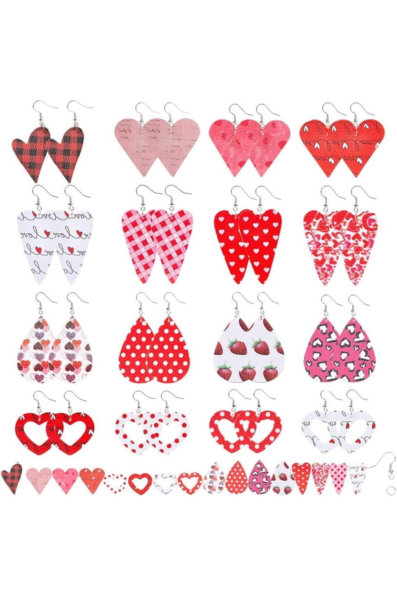 DIY 16 Pairs Valentine's Day Charms Leather Heart Charm Earring Making Starter Kit Love Charms Heart Printed Teardrop Charm