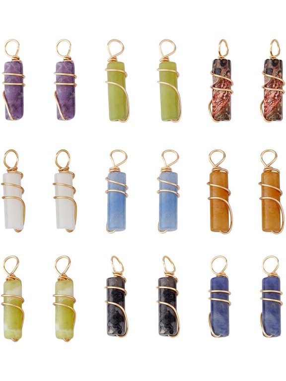 DIY 18Pcs 9 Styles Gemstone Pendants Column Natural Mixed Stone Charms with Light Gold Copper Wire Wrapped Crystal Stone Pendants Charms for Earring Necklace Bracelet Jewelry Making DIY