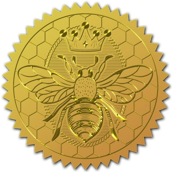 DIY 2" Bee Sticker Crown Gold Certificate Seals Sticker 100pcs Embossed Golden Foil Round Embossed Foil Seal Stickers DIY