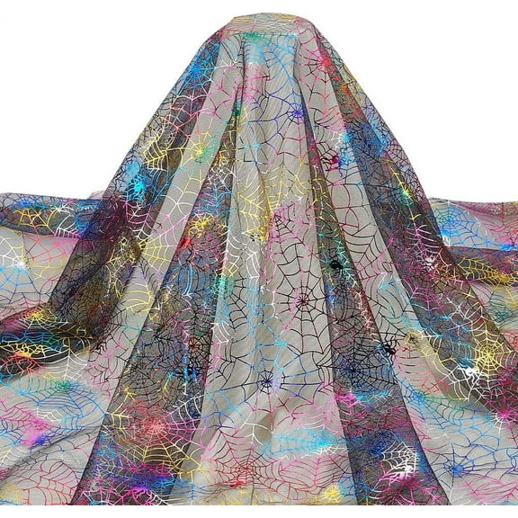 DIY 2 Yards Halloween Spider Web Fabric 66.1 inch Wide Glitter Colorful Spiderwebs Black Tulle Fabric Halloween Theme Scary Spider Upholstery Fabric for Home DIY Craft Patchwork Projects DIY