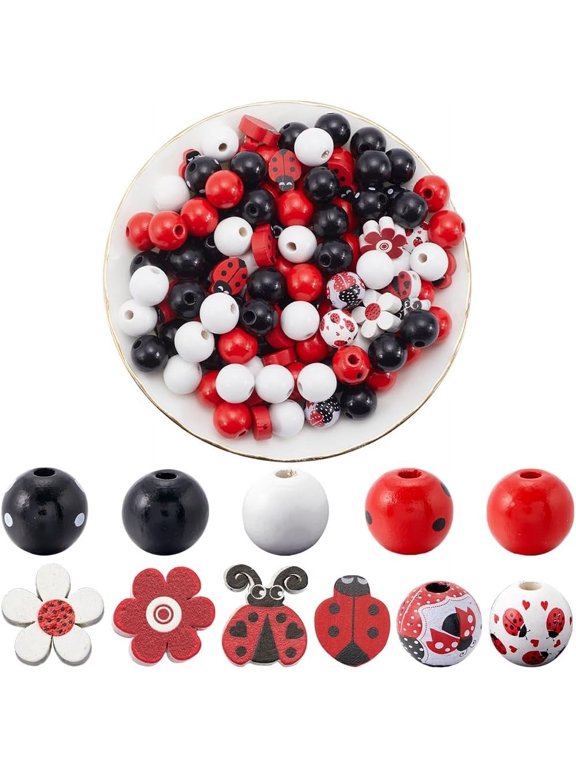 DIY 200Pcs Ladybug Wood Beads Red Black White Wooden Beads 16mm Colorful Spring Cute Ladybird Flower Painted Farmhouse Wooden Beads for Jewelry Garland Making Supplies DIY Craft Bracelet Necklace DIY