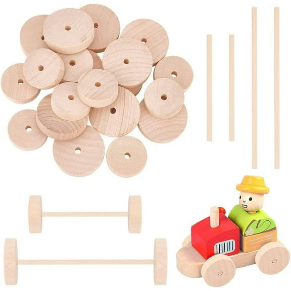 DIY 20pcs Wood Craft Wheels with 20Pcs Wood Sticks Unfinshed Wooden Wheel 1.8 & 1.4 Inch Wooden Craft Wheels Tires with 0.2 inch Holes for DIY Model Cars Wooden Crafting Projects Mixed Color DIY