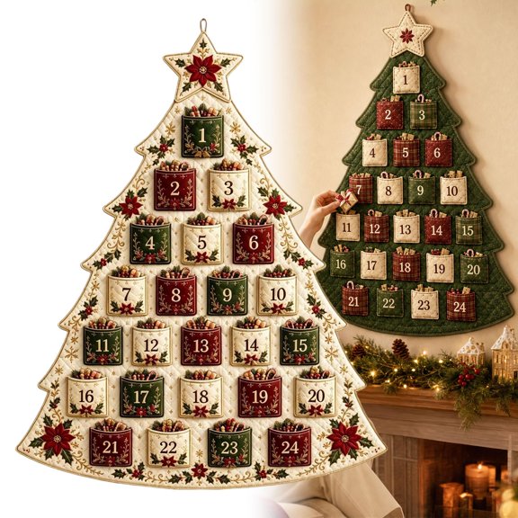 DIY 24-Pocket Fabric Christmas Advent Tree, Hanging Countdown Calendar Kit | Reusable Handmade Holiday Decoration, Christmas Craft Activity Set for Wall & Mantel