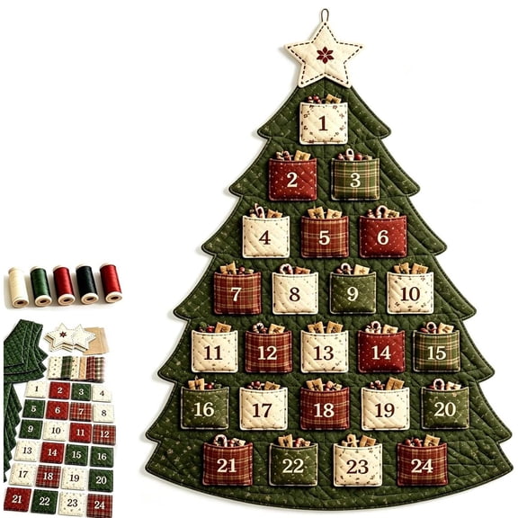 DIY 24-Pocket Fabric Christmas Advent Tree Kit, DIY Holiday Countdown Advent Calendar Decor, Christmas Craft Activity Set for Wall & Mantel