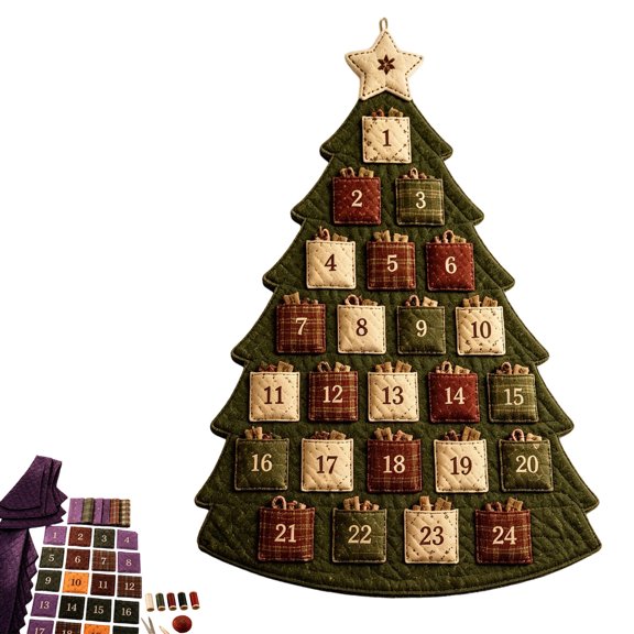 DIY 24 Pocket Fabric Christmas Advent Tree KitHanging Christmas Advent Calendar, Wall Organizer for Christmas Countdown & Home Storage, Handmade Countdown Wall Hanging Calendar