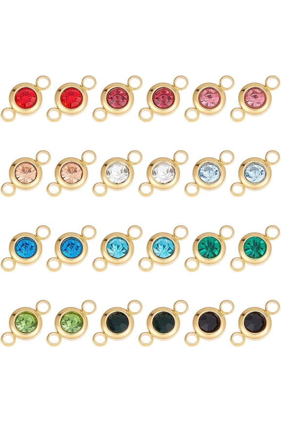DIY 24Pcs 12 Color 304 Stainless Steel Golden Rhinestone Connector Charm Flat Round Links Charms Double Loop Ring Charm Necklace Bracket Charms for Jewellery Making DIY