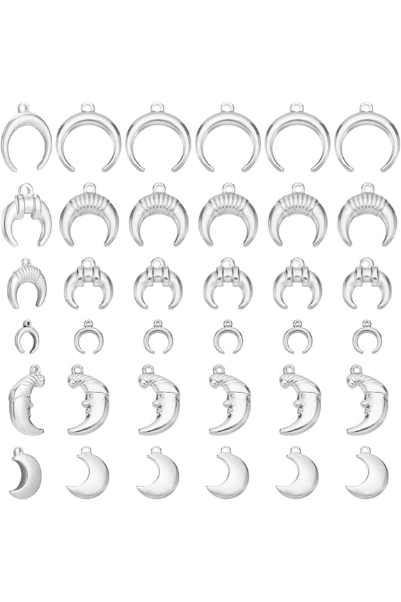 DIY 24pcs Crescent Moon Pendants 6 Styles 304 Stainless Steel Double Horn Charms Lucky Charms 3D Moon Shape Dangle Pendants for DIY Bracelet Necklace Earrings Jewelry Making DIY