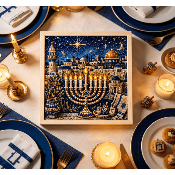 DIY 2D Diamond Painting Kit Hanukkah Menorah Night City View Rhinestone Mosaic Art Set for Home Tabletop Wall Decoration Festival Craft Making (C)