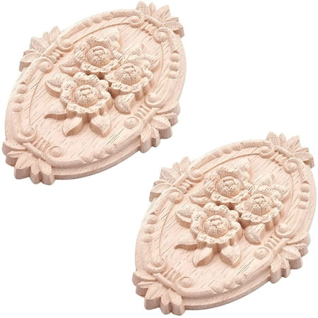 2PCS Wooden Carved Onlay Appliques Oval Carving Decal Center Craft Unpainted Furniture Home Decoration Wood Carving Decal for Dresser Bed Door Cabinet Wardrobe Ceiling 5"x3.6" DIY