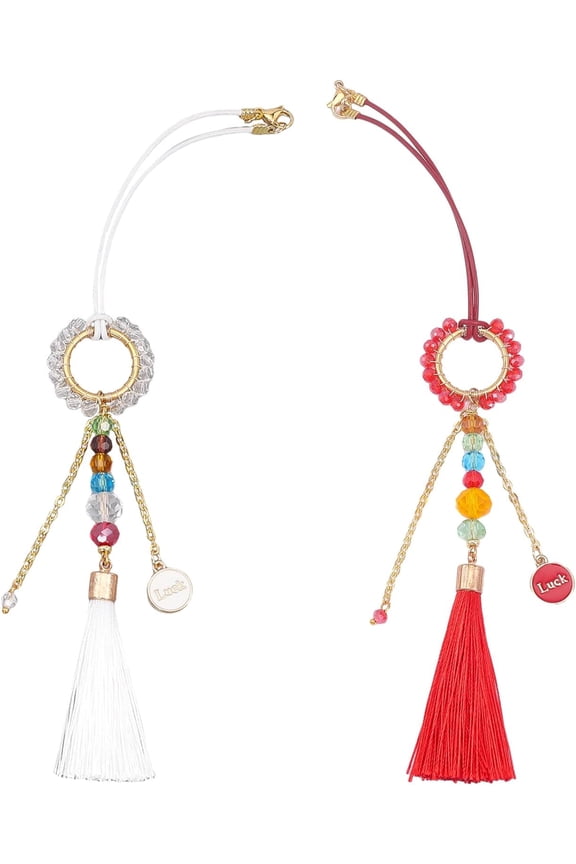 DIY 2Pcs 2Colors Rear View Mirror Tassel Pendant Hanging Car Ornament Handmade with Word Luck Alloy Enamel Charm for Car Rearview Mirror Home Decoration DIY