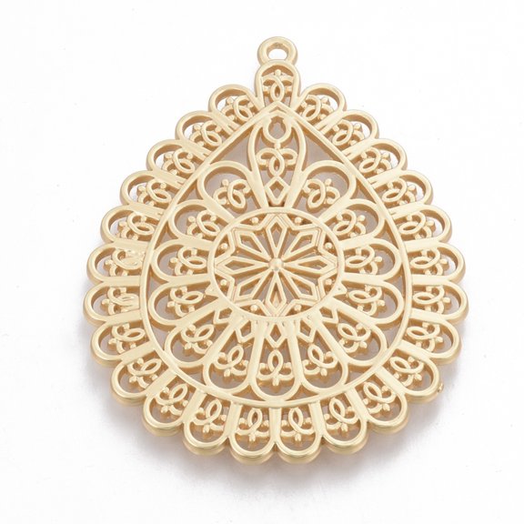 DIY 2pc Alloy Big Pendants Matte Style teardrop Cadmium Free & Lead Free Real 14K Gold Plated 59x45x2.5mm Hole: 2mm