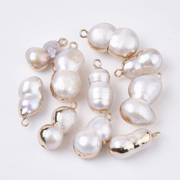 DIY 2pc Natural Cultured Freshwater Pearl Pendants with Half Hole and Brass Loop Edge Plated Calabash Golden Seashell Color 19.5~26x9~14.5x8~12mm Hole: 1.8mm Half Hole: 0.9mm Mixed Color DIY