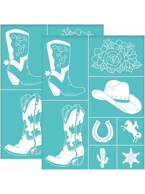 DIY 2pcs 8.6x11 Inch Self-Adhesive Silk Screen Printing Stencils Western Cowboy Boots Silkscreen Stencils Reusable Hat Horse Mesh Transfer Stencil for Painting on Wood T-shirts Bags DIY