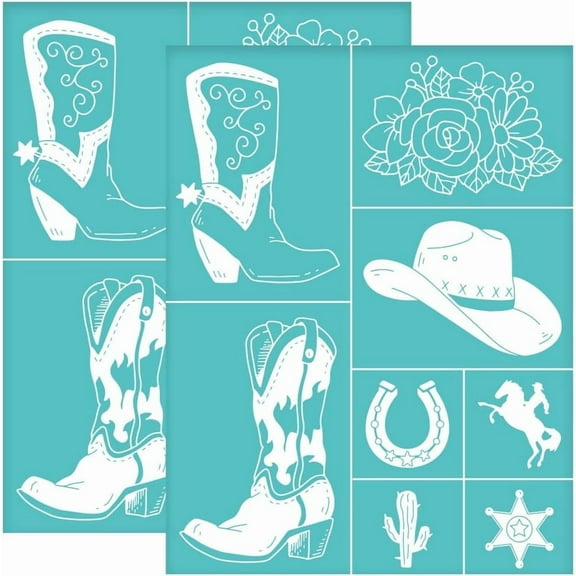 DIY 2pcs 8.6x11 Inch Self-Adhesive Silk Screen Printing Stencils Western Cowboy Boots Silkscreen Stencils Reusable Hat Horse Mesh Transfer Stencil for Painting on Wood T-shirts Bags DIY