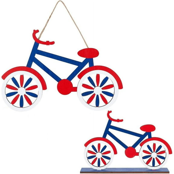 DIY 2pcs Bicycle Ornament Wood Bike Table Sign Americana Home Decor Wood Bike Figurine Independence Day Bicycle Decorations Wooden Bike Patriotic Decor DIY
