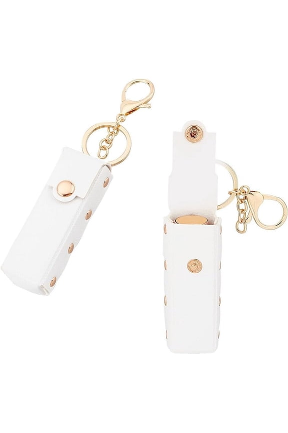 DIY 2pcs Chapstick Keychain Holder 6 Inch PU Leather Lipstick Organizer Holder with Keychain Mini Lip Gloss Travel Storage Case Portable Snap-On Lip Balm Sleeves for Women Gift White DIY