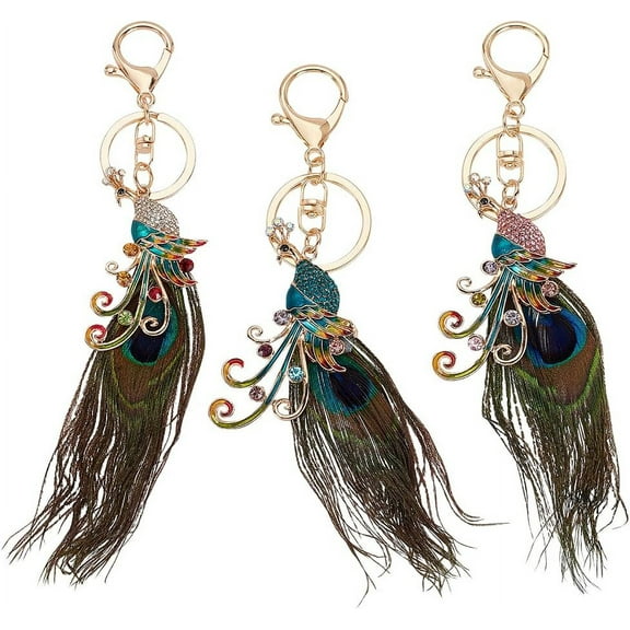 DIY 3 Colors Peacock Keychains Alloy Rhinestone Peacock Keychains Pendants Peacock Feather Keychains Charms for Keychian Making DIY Crafts Decoration Car Bag Accessories DIY