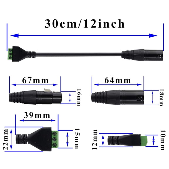 DIY 3 Pin XLR Connector XLR Male/Female to 3 Pin/Way Female Bolt Screw Type Cord with Lock.3Pin XL-R to Solderless Screw Terminal Adapter Cable Used for Stage Lighting Mixer(30cm/M/F-2Pack)