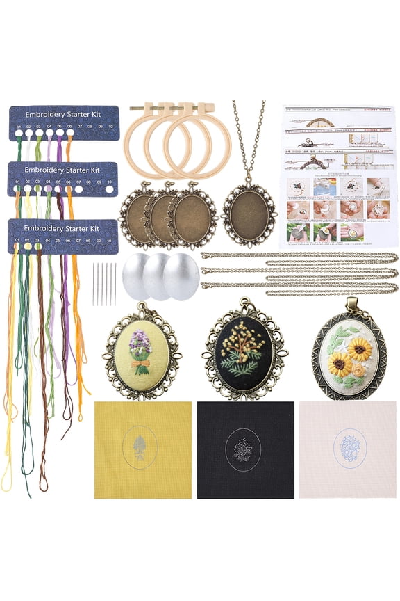 DIY 3 Sets Embroidery Necklace Kit Mini Stitch Kits with Instructions Thread Needle Hoops Spring Flower Themed Embroidery Set