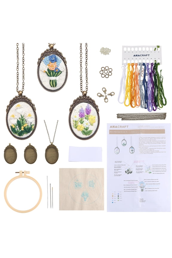 DIY 3 Sets Embroidery Necklace Kits Embroidery Necklace Pendant with Paper Instructions Flower Pattern Cloth Thread Needle Hoops Mini Stitch Kit