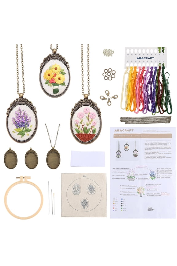 DIY 3 Sets Embroidery Necklace Kits Embroidery Pendant with Paper Instructions Embroidery Cloth Thread Needle Stitch Hoop Flower Mini Stitch Kit