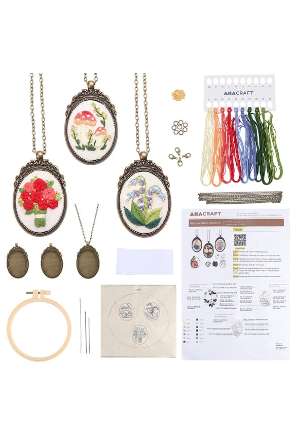 DIY 3 Sets Embroidery Necklace Kits Mini Stitch Kit with Hoop Paper Instructions Embroidery Flower Pattern Pendant Necklaces