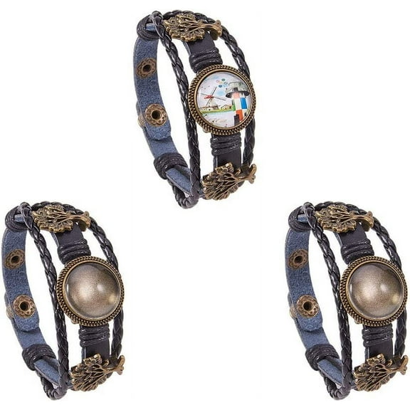 DIY 3 sets Leather Bracelet Making Kit Multilayer Rope Bangle Cuff Wristband with Blank Alloy Cabochon Bezel Tray Clear Glass Cabochon 18mm Button Adjust Tree