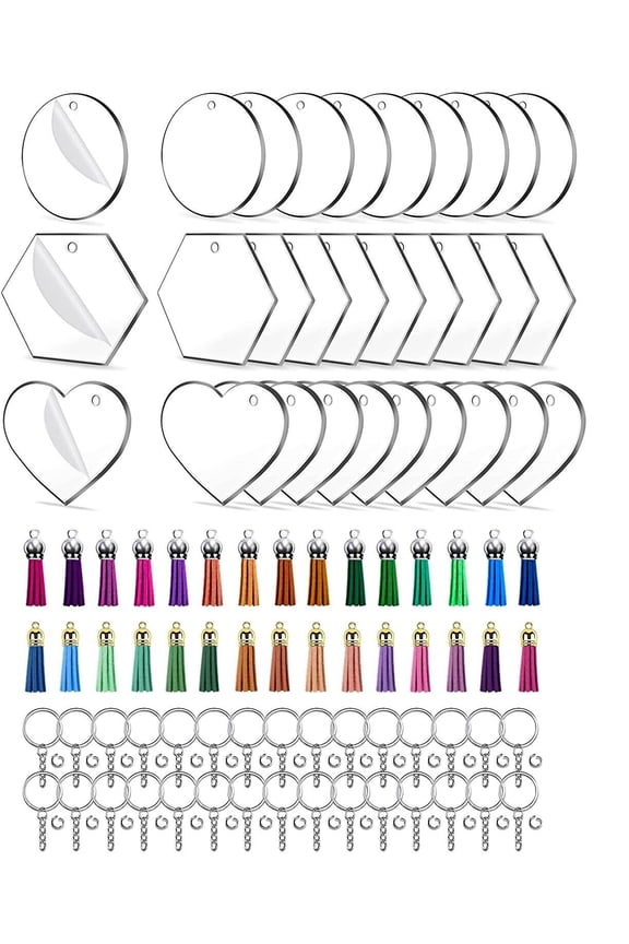 DIY 30 PCS Acrylic Ornament Keychain Blank Clear Keychains Tassels Vinyl Art Crafting Hexagon/Round/Heart-shaped