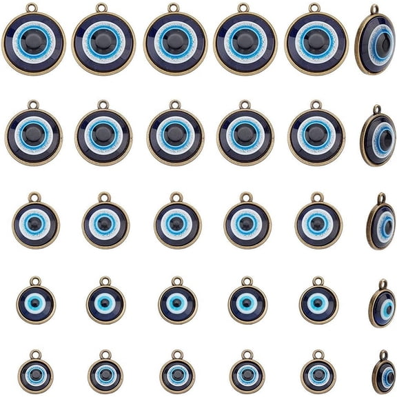 DIY 30 Pcs Evils Eye Charms 5 Different Sizes Antique Bronze Evils Eye Charms Flat Round Plastic Beads with Alloy Findings for Women DIY Bracelet Jewelry Making DIY