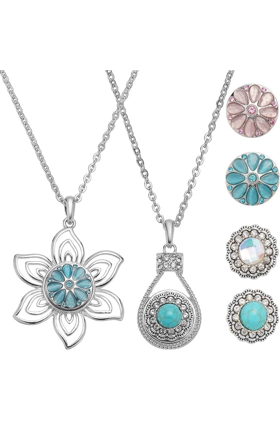 DIY 304 Stainless Steel Cable Chain Necklaces Making Kits with Flower & Teardrop Alloy Rhinestone Snap Button Charms Mixed color 23.6 inch(59.9cm)