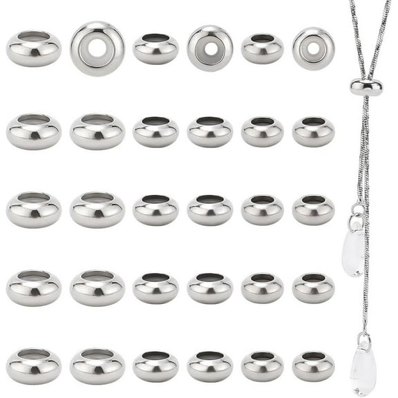 DIY 304 Stainless Steel Slider Beads 30pcs Stopper Beads 7mm 8mm 10mm Adjustable Beads Slider Metal Loose Beads with Rubber Inside for Bracelets Necklaces Chain Jewelry Making Hole: 1~3mm DIY