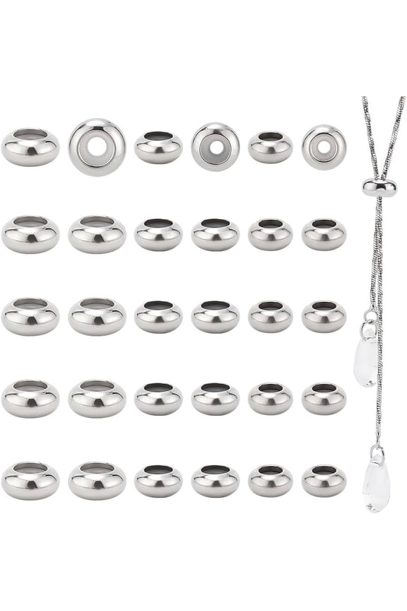 DIY 304 Stainless Steel Slider Beads 30pcs Stopper Beads 7mm 8mm 10mm Adjustable Beads Slider Metal Loose Beads with Rubber Inside for Bracelets Necklaces Chain Jewelry Making Hole: 1~3mm DIY