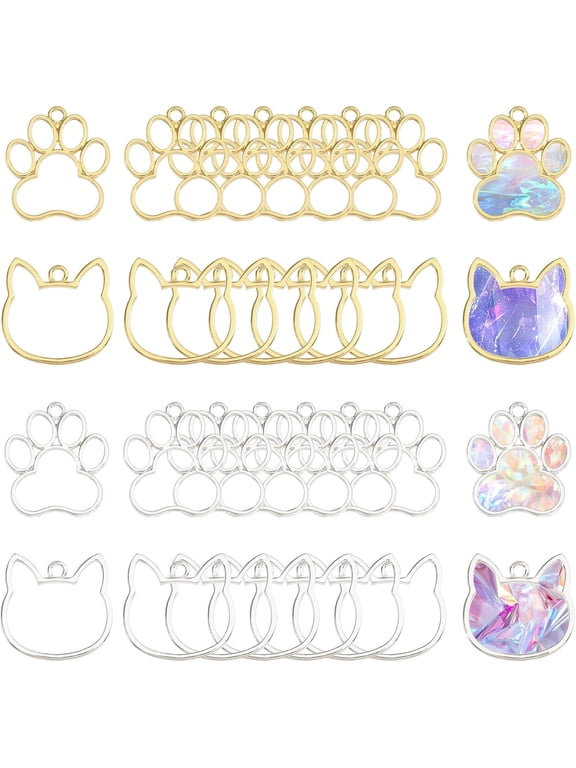 DIY 32Pcs 4 styles Cat Head Shaped Dog Paw Open Back Bezel Pendants Alloy Pendants Bezel Blank Trays Hollow Frame For DIY UV Resin Epoxy Resin Pressed Flower Jewelry DIY