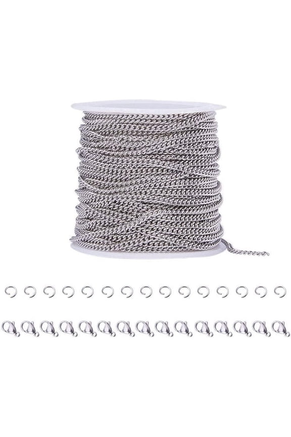 DIY 33 Feet 304 Stainless Steel Curb Cable Chain Link Necklace Width 2mm with 20 Lobster Clasps and 30 Jump Rings for Jewelry Making DIY
