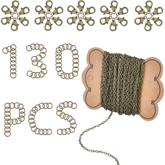 DIY 33 Feet Bronze Curb Cable Chain Link Necklace Width 4mm with 30 Brass Lobster Claw Clasps 100 Brass Jump Rings Bronze Jewelry Chain for Jewelry Bracelet Necklace Making colorful