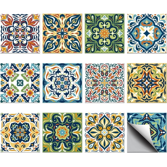 DIY 36PCS Morocco Peel and Stick Tile Stickers 4x4 inch Wall Stickers Waterproof Detachable PVC Wall Tile Stickers Vintage Decorative Stickers for Kitchen Washroom Bedroom Wall Table Office DIY
