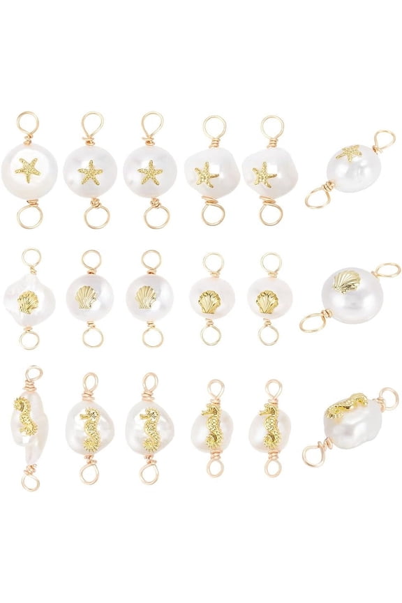 DIY 36Pcs 3 Styles Natural Freshwater Pearl Connector Charms Baroque Pearl Beads Links Charms with Golden Starfish Shell Seahorse Pattern for DIY Jewelry Making DIY
