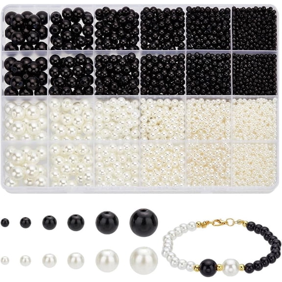 DIY 3904pcs 6 Sizes Pearl Beads Black/White Craft Pearl Round Smooth Spacer Beads ABS Plastic Loose Beads for Bracelets Necklace Jewelry Making Decorating DIY
