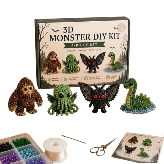 DIY 3D Animal Bead Embroidery Kit, 4pcs Bird Beading Crafts with Instructions Cute Bead Art Handmade Bird Gift for Beginners & Craft Enthusiasts(Cryptid & Monster)