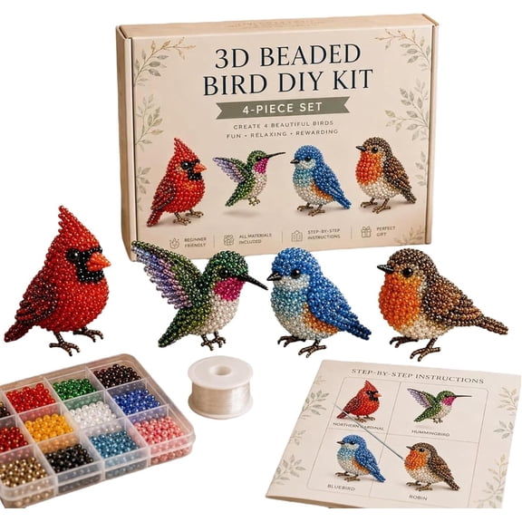 DIY 3D Animal Bead Embroidery Kit, 4pcs Bird Beading Crafts with Instructions, Cute Bead Art Handmade Bird Gift for Beginners & Craft Enthusiasts
