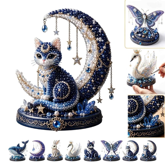 DIY 3D Beaded Animal Figurine Craft Kit - Celestial Moon Series (8 Magical Styles), Safe PET Beads with Base & Tools | No-Glue Assembly | Fun Creative Gift (Moon Cat)
