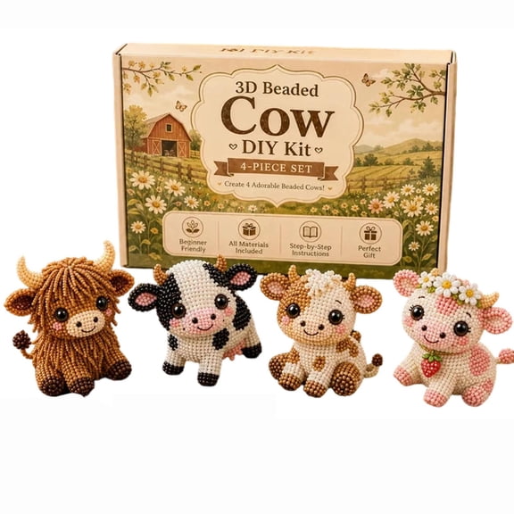 DIY 3D Beaded Cow Craft Kit,4 Cute Farm Cattle Figurine Making Set with Accessories & Tools,Creative Hobby Gift for Adults,Teens and Kids 12+,Premium Box Set