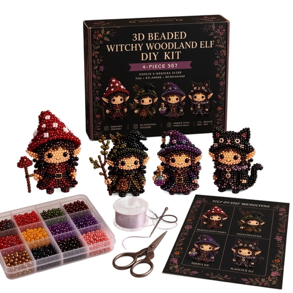 DIY 3D Beaded Elf Making Kit, Handmade Beaded Craft Supplies, 4 Pieces Forest Themed Fairy Figures, Full Set Accessories for Hobbyists, Desktop Ornament Handmade Gift