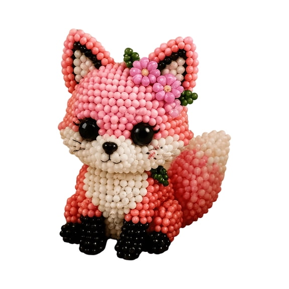 DIY 3D Beaded Pink Fox Craft Kit, Handmade Jewelry Art Set with Floral Accents, Includes Beads, String, Scissors and Instructions for Animal Lovers