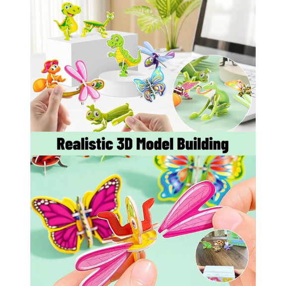 DIY 3D Creative Insect Paper Jigsaw Puzzle, 25 Pcs 3D Animal Puzzles, Screen-Free Family Time, Tear-Proof & Drop-Proof, Effortless Assembly, Insects, Dinosaurs