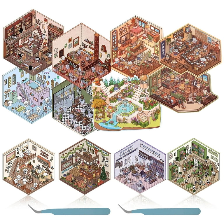 4 Sets Big DIY 3D Sticker Scene Isometric Miniature Room Stickers Book for Kids Adults Cute Make Your Own House Stickers for Gifts Paint by Sticker Third Floor Library Café Castles