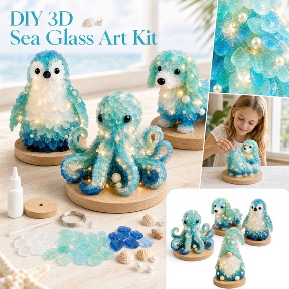 DIY 3D Lighted Sea Glass Art Craft Kit for Adults, Coastal Ocean & Christmas Themed Mosaic Decor Kit with Wood Base, Ocean Animal Gnome Tabletop Home Decoration Gift