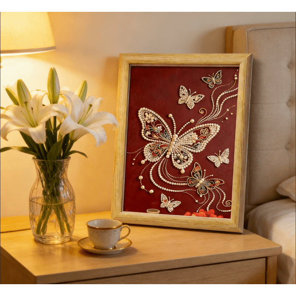 DIY 3D Pearl Painting Kit, Castle Design with Ocean & Butterfly, Plastic Pearl Art Craft for Adults and Beginners, Home Wall Decor, 1Pcs