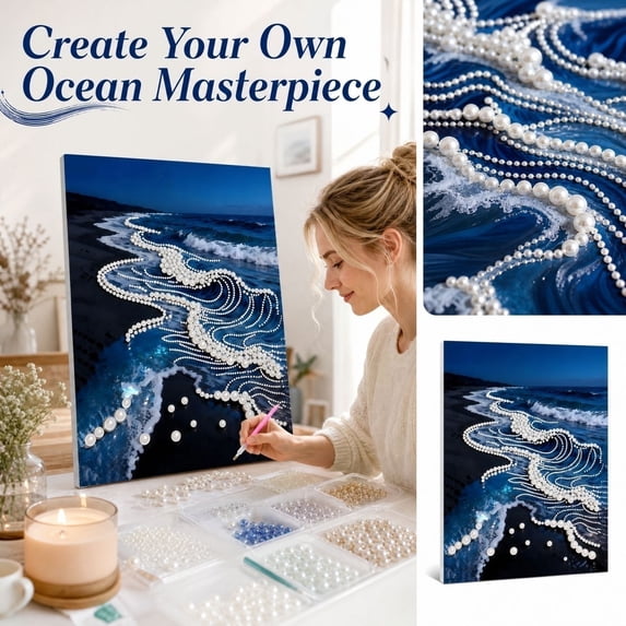 DIY 3D Pearl Painting Kit,Wooden Frame Upgraded Diamond Art Kits for Adults,Ready to Hang Gem Painting,Relaxing Paint by Numbers,Creative Mosaic Craft (Sunlit Sands)